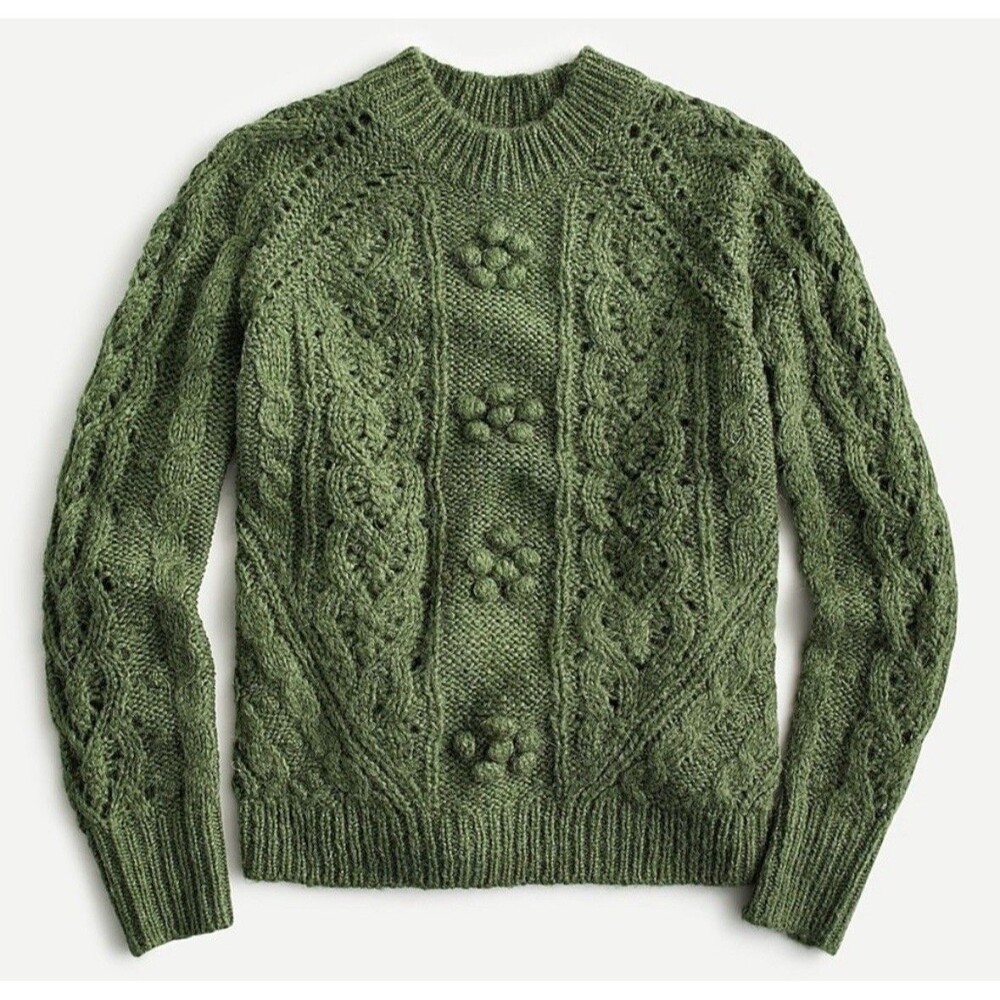 J.CREW Sweater Chunky Cable Knit Pointelle popcorn Alpaca Wool Blend Green S